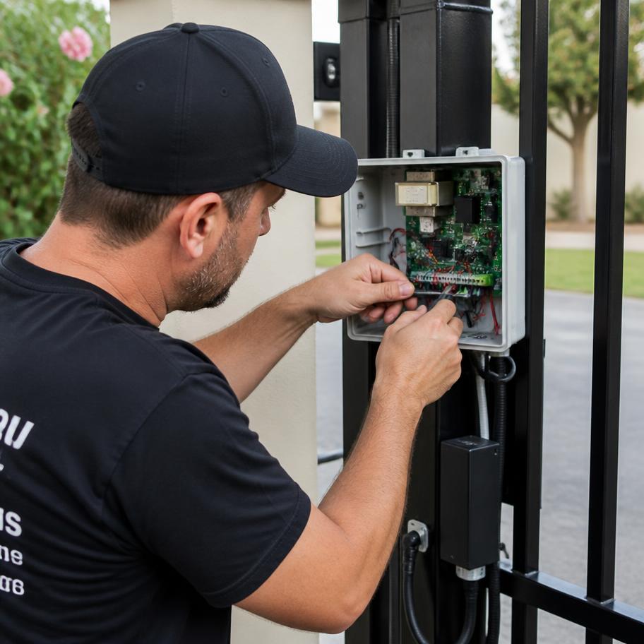 Técnico instalando central de automação de portão